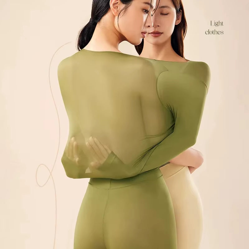 2 Pieces Seamless Thermal Underwear Set Women Long Sleeve Bottoming Top Long Johns Highly Elastic Autumn Winter Warm Thermal Set