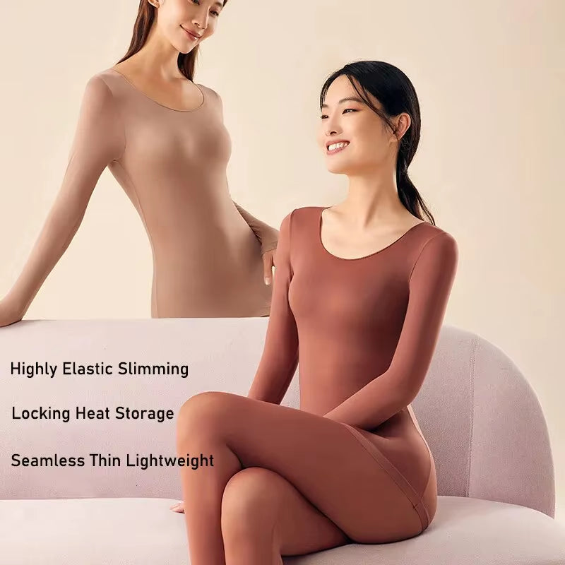2 Pieces Seamless Thermal Underwear Set Women Long Sleeve Bottoming Top Long Johns Highly Elastic Autumn Winter Warm Thermal Set