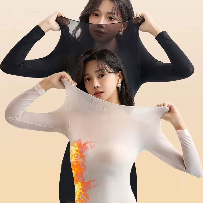 2 Pieces Seamless Thermal Underwear Set Women Long Sleeve Bottoming Top Long Johns Highly Elastic Autumn Winter Warm Thermal Set