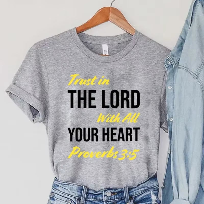 Bible Verse Quote Women'S Clothing Christian Female Vintage T Shirts Trust in the Lord with All Your Heart Print Women T-Shirts